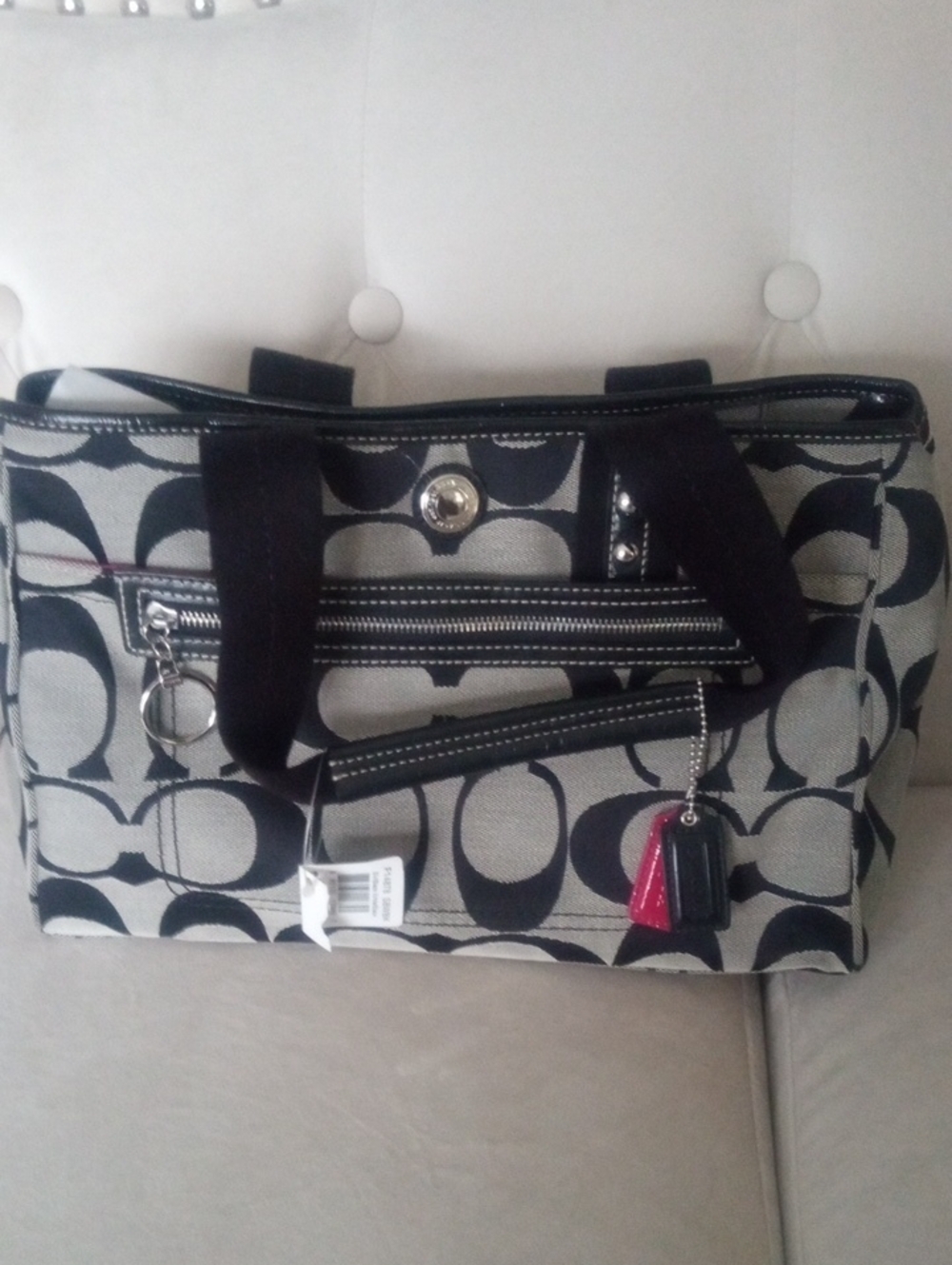 Coach Black and Cream Signature Jacquard Tote with Tassel Charms and Front Zip
